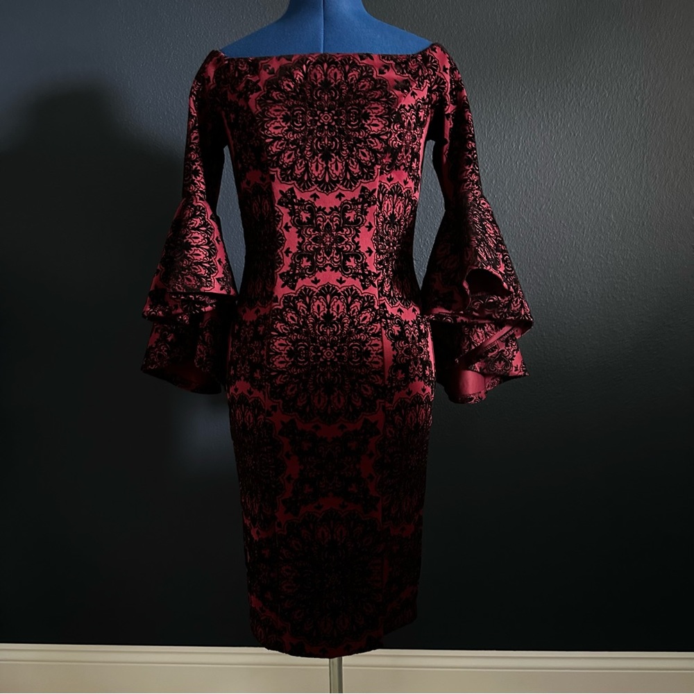 Venus burgundy/black off shoulder bell sleeve midi dress size 2